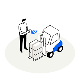 Graphic Intralogistics: Man is standing in front of a forklift, holding a tablet that has connected wirelessly to the forklift.