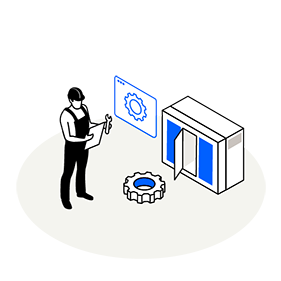 Graphic Maintenance: Man stands with wrench and instructions in front of a screen, control cabinet and gearwheel.