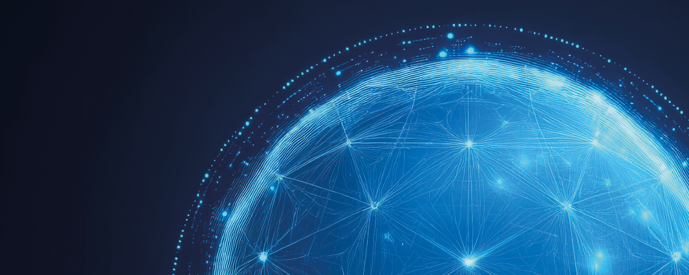 Bright blue sphere with interconnected lines and points of light on a dark background, symbolising a digital network