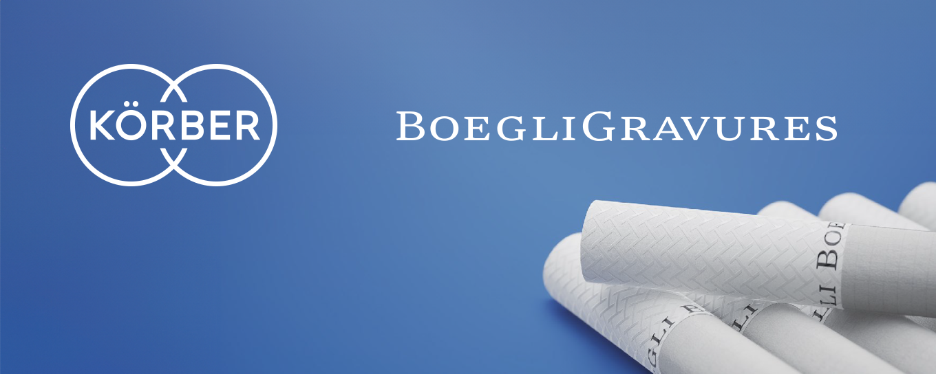 Körber logo and Boegli Gravures logo symbolize partnership. Cigarettes engraved by Boegli are next to it.