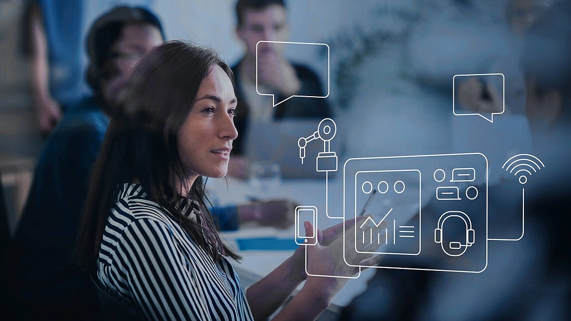 Woman sits with others at conference table and talks. Linear illustrations of consulting overlay the image. 