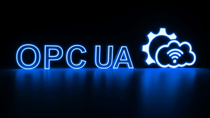 Grafik: Schwarzer Hintergrund mit blauem Text: OPC UA. Rechts sind blaue Symbole für eine Wolke, WLAN und ein Zahnrad.