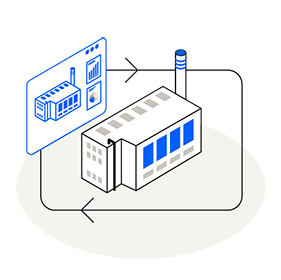 Graphic Building Manager: A screen with diagrams floats above a factory. A loop surrounds the factory.
