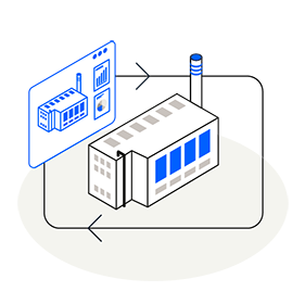 Grafik Building Manager: Über einer Fabrik schwebt ein Bildschirm mit Diagrammen. Ein Kreislauf umgibt die Fabrik.