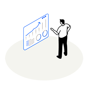 Grafik Machine Optimizer: Mann steht vor einem schwebenden Bildschirm und zeigt auf verschiedene Diagramme.