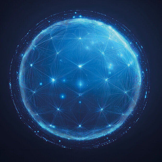 Bright blue sphere with interconnected lines and points of light on a dark background, symbolising a digital network