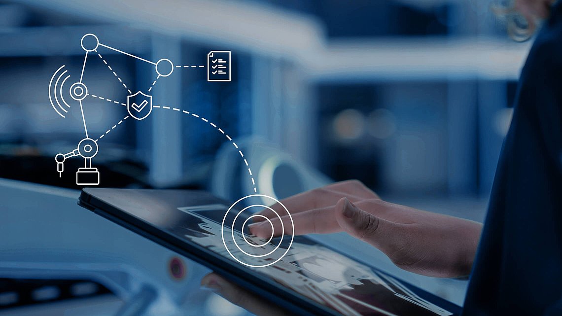 The side profile of a woman is seen using a tablet. Linear illustrations on the subject of Data Governance overlay the image.