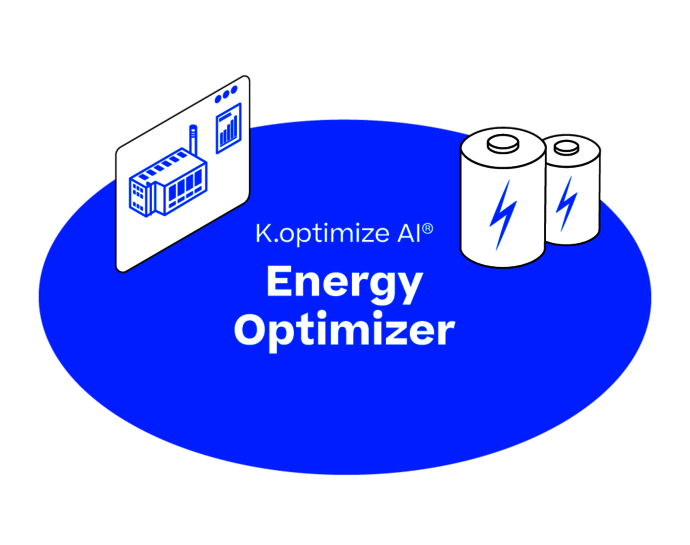 Blue circle with inscription: K.optimize AI Energy Optimizer. Batteries and a screen are pictured next to it.
