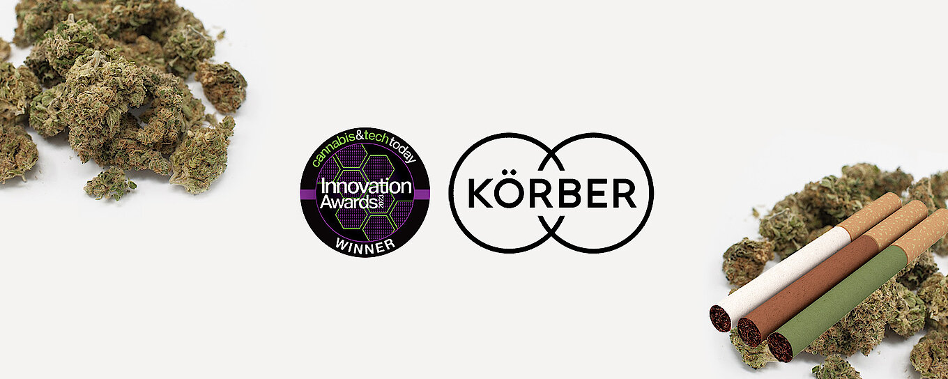 Two logos in the center: Cannabis & Tech Today Innovation Awards on the left and Körber on the right. Pre-rolls and cannabis batch in the corners.