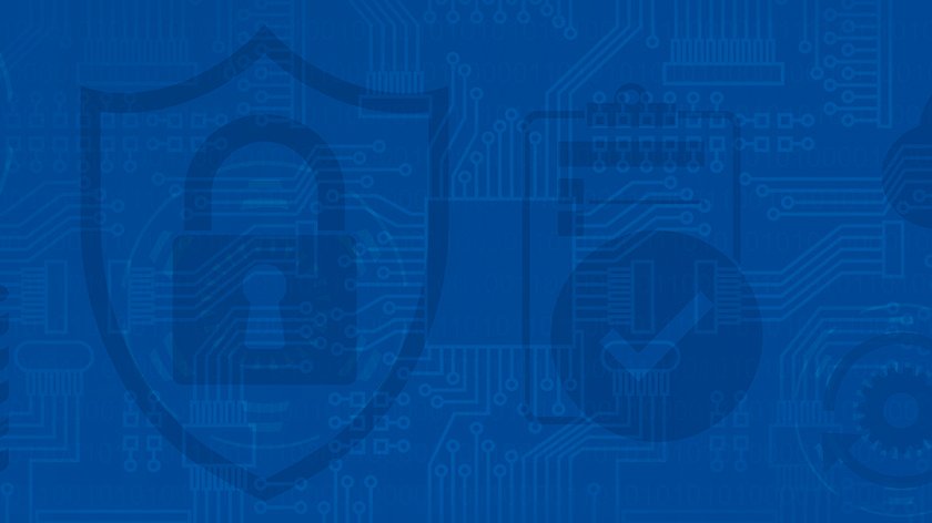 Graphic: A dark blue motherboard background with symbols for data security and a finished checklist layered above.