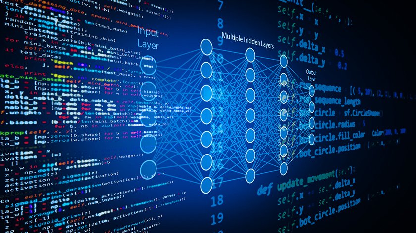 Grafik: Geschriebener Code im Hintergrund. Darüber liegt ein Eingabe-Ausgabe-Diagramm mit vielen Verflechtungen.