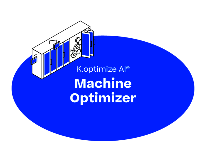 Blue circle with inscription: K.optimize AI Machine Optimizer. A machine is pictured next to it. 