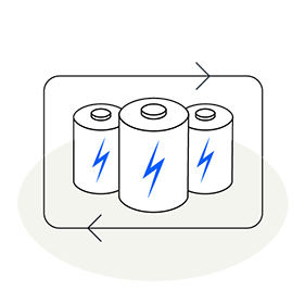 Grafik Energy Manager: Drei Batterien mit einem Blitz auf der Vorderseite, dargestellt in einem Kreislauf. 